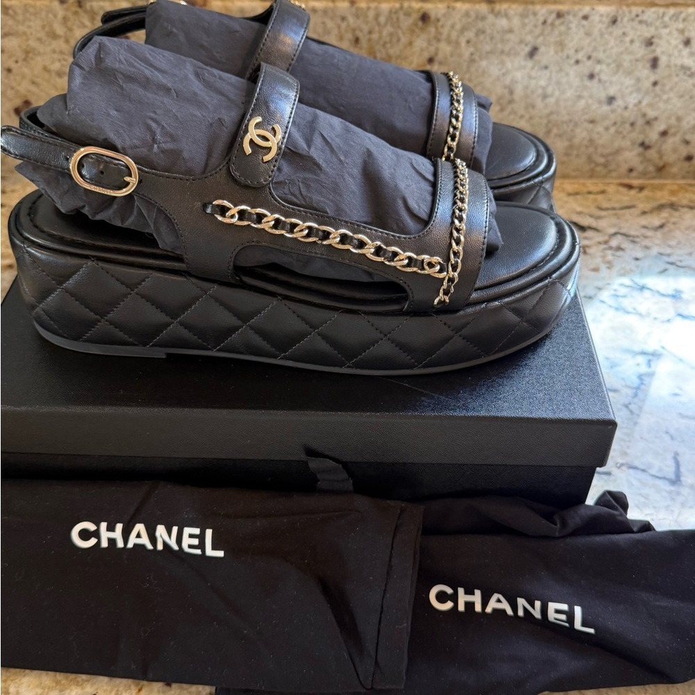 Chanel Black Quilted Platform Sandals - Picture 3 of 15